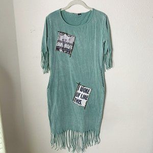 pink dream knit dress rhinestones blue fringe short sleeve sz small